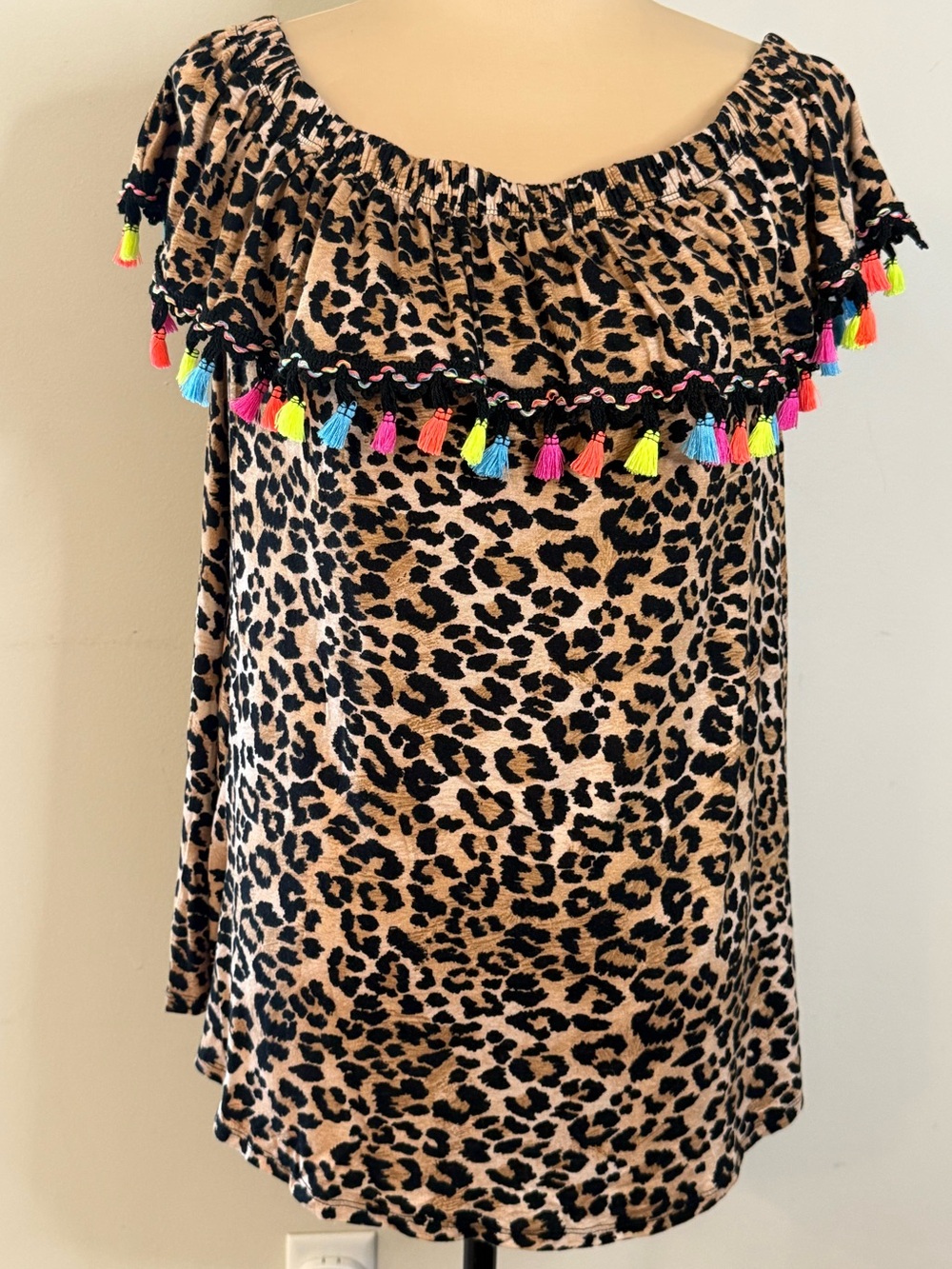 Reborn J funky festival top leopard print colorful tassels SZ M